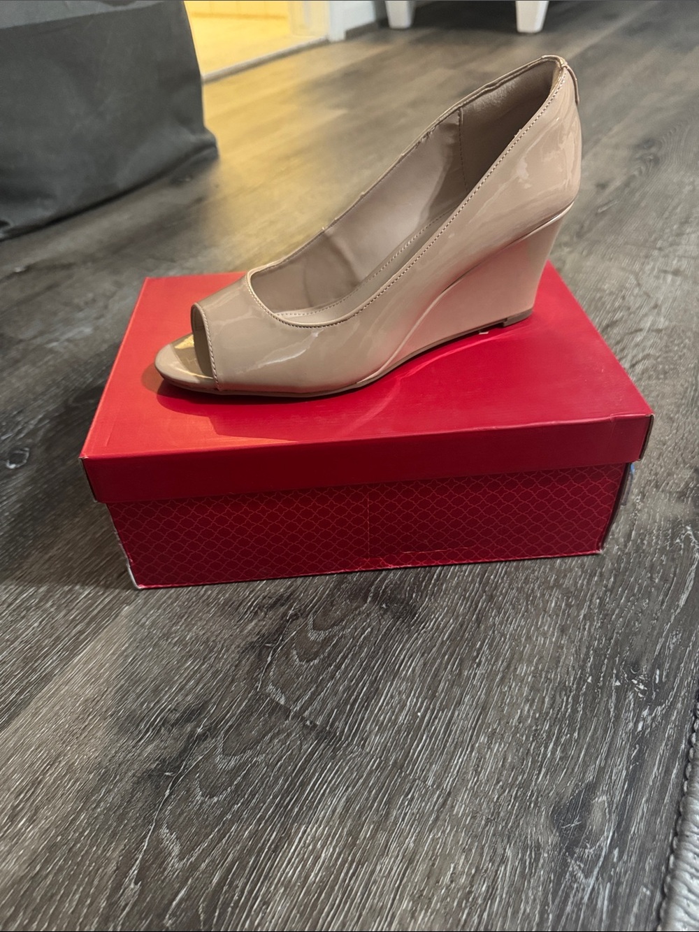 Kelly & Katie Nude Patent Peep-Toe Wedge
